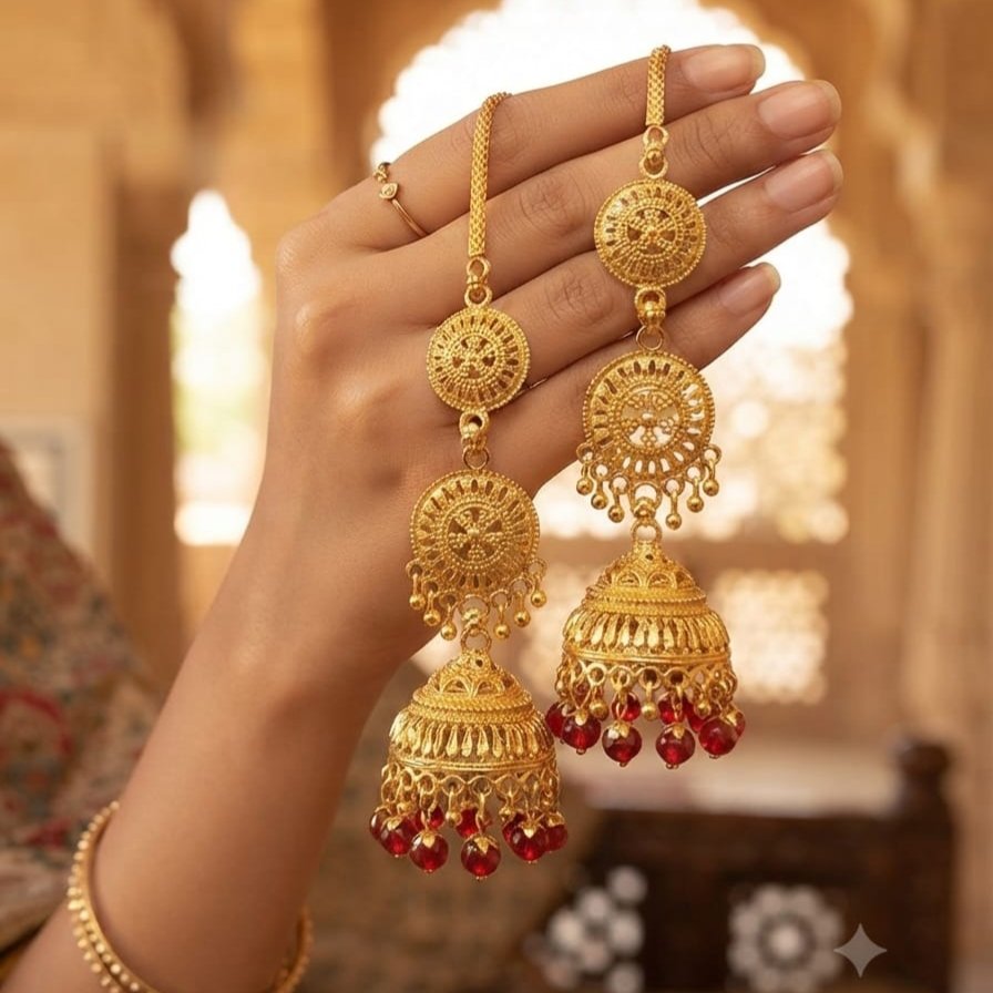 Royal Gold Plated Layered Jhumka Earrings - Traditional Pakistani Indian Bridal Earrings with Red Beads & Bahi Chain